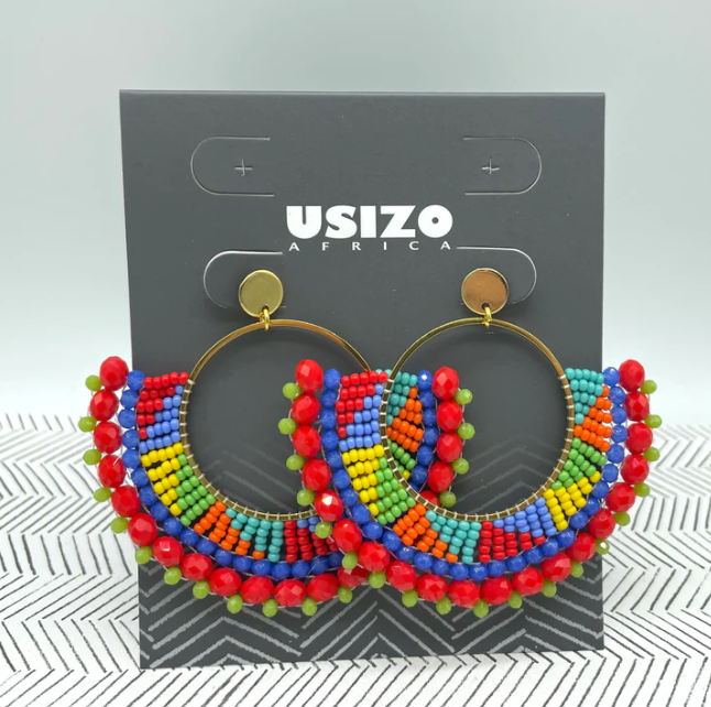 Tombi Red Zulu Beaded Earrings with Gold Fittings