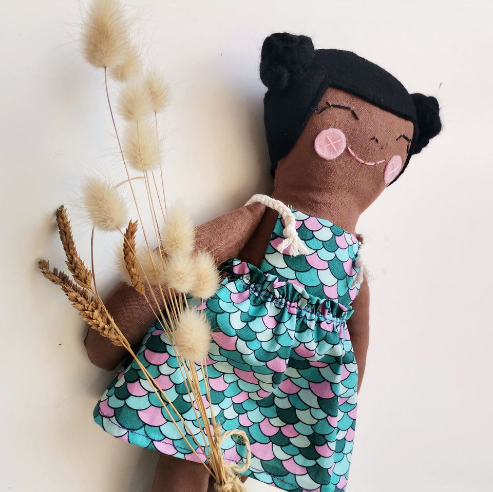Imibongo kaMakhulu Handmade Fabric Luniko Doll in Purple Teal Print Dress