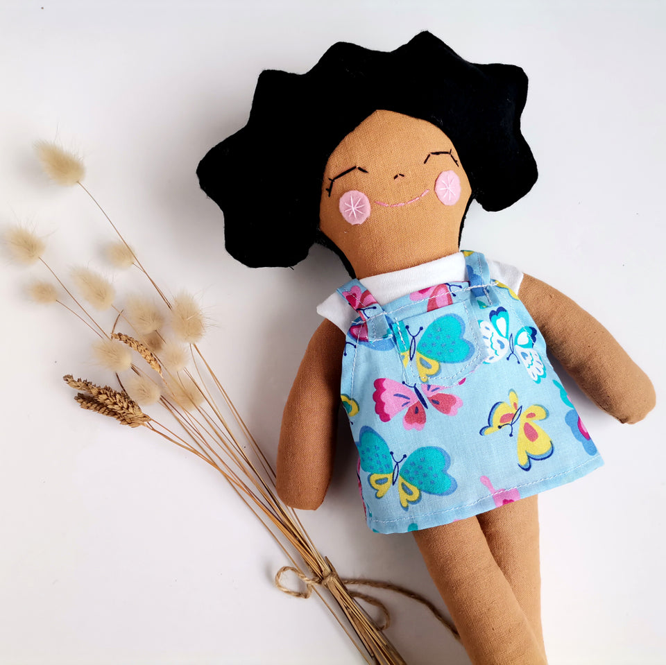 Imibongo kaMakhulu Handmade Fabric Zeni Doll in Butterfly Pinny Dress