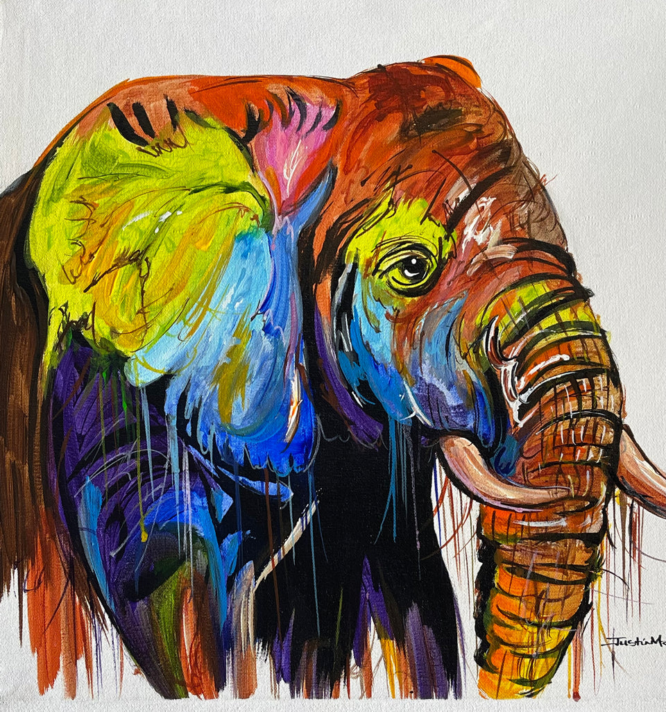 Large African Elephant Head Framed Oil on Canvas Painting