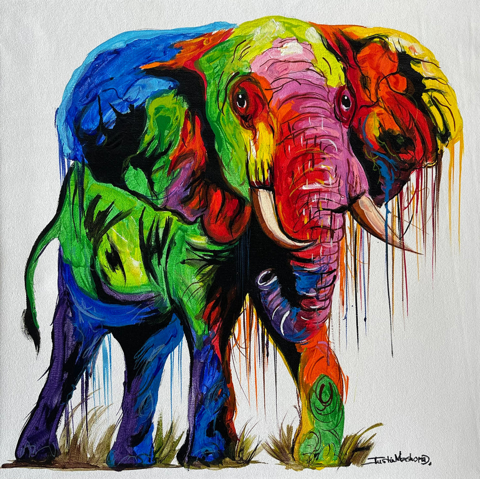 Large Bright African Elephant Framed Oil on Canvas Painting