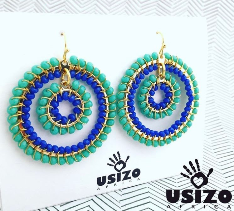 African Large O Double beaded earrings- aqua/blue gold settings