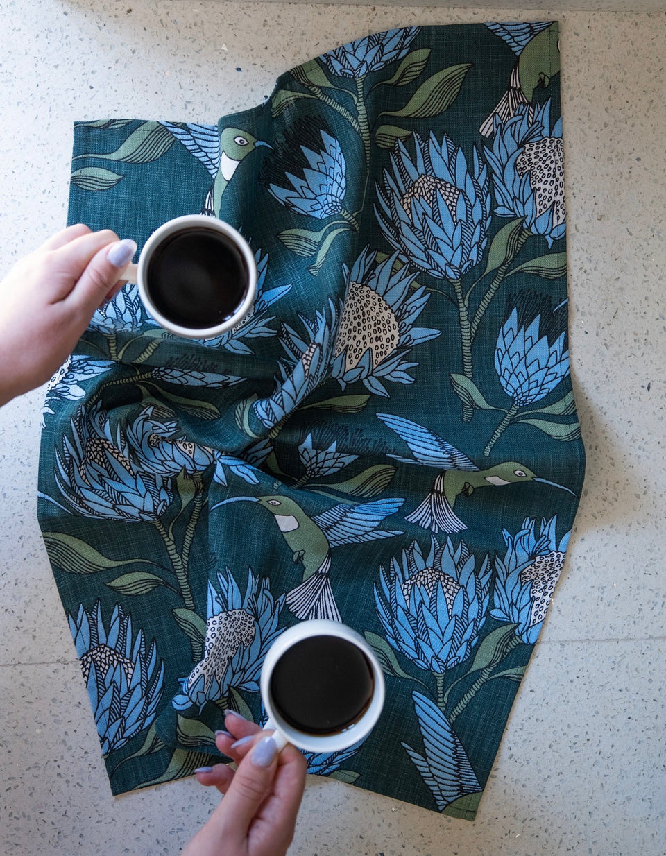 Alove Supreme Protea Tea Towel – Blue on Gun Metal