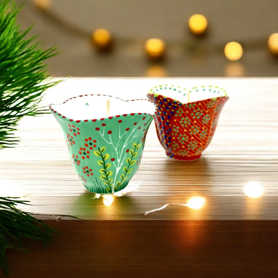 Hand-Painted Ceramic Holiday Tulip Candle – Spiced Cookie Scent