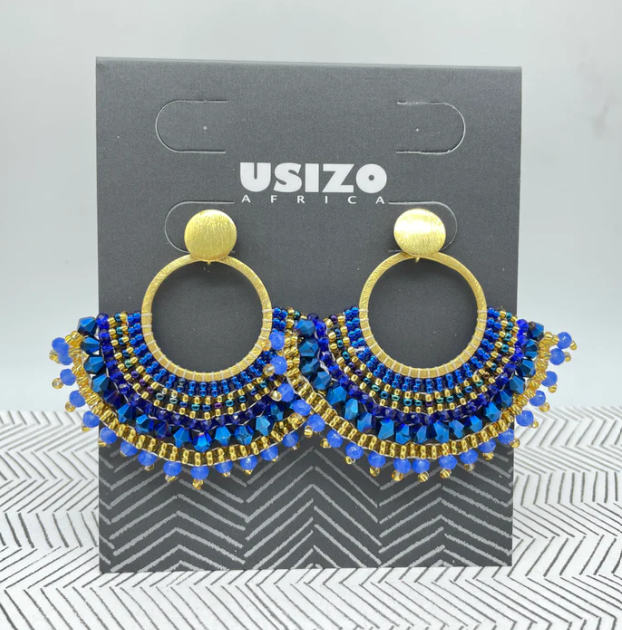 African Goddess Blue Beaded Earrings with Gold Fittings