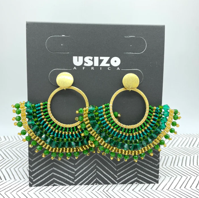 African Goddess Green Beaded Earrings with Gold Fittings