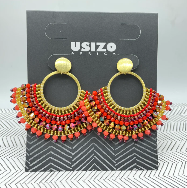 African Goddess Red Beaded Earrings with Gold Fittings