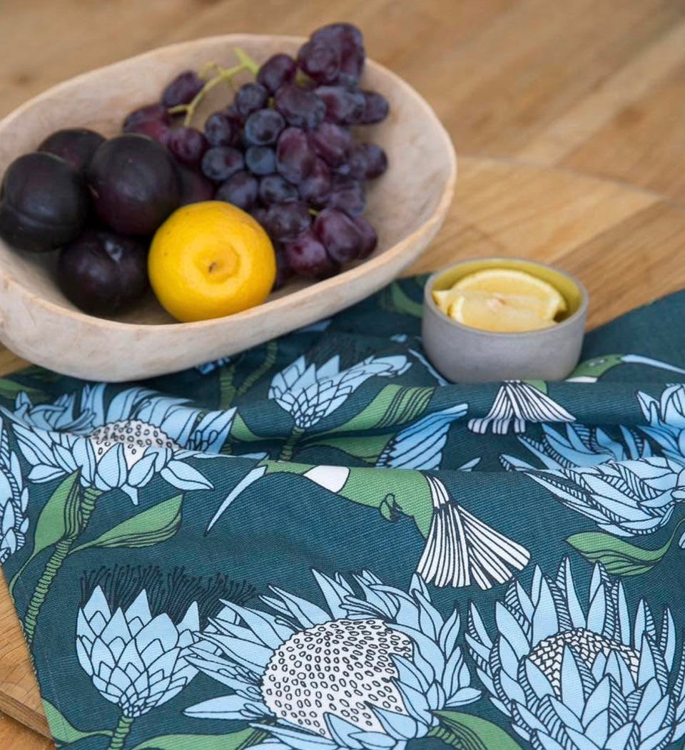 Alove Supreme Protea Tea Towel – Blue on Gun Metal