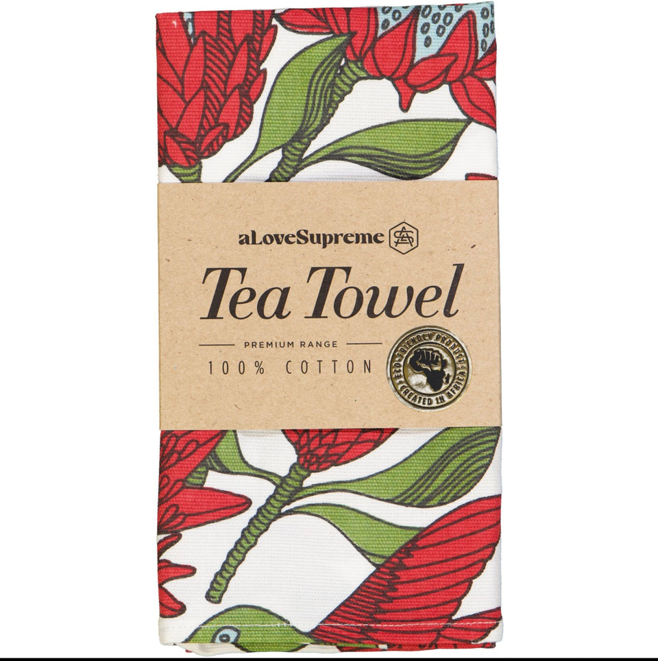 Alove Supreme Protea Tea Towel – Red on White
