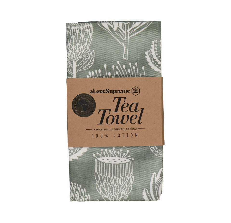 Alove Supreme Floral Kingdom Tea Towel – White on Sage