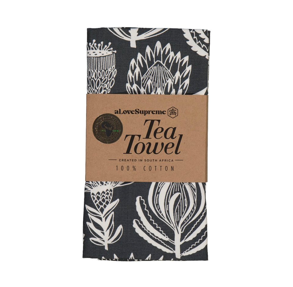 Alove Supreme Floral Kingdom Tea Towel – White on Charcoal