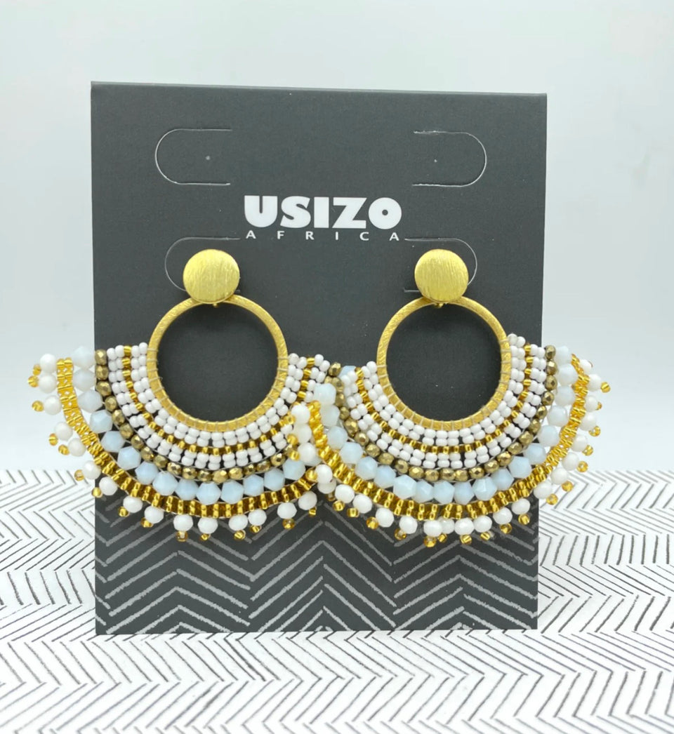 African Goddess White Beaded Earrings with Gold Fittings