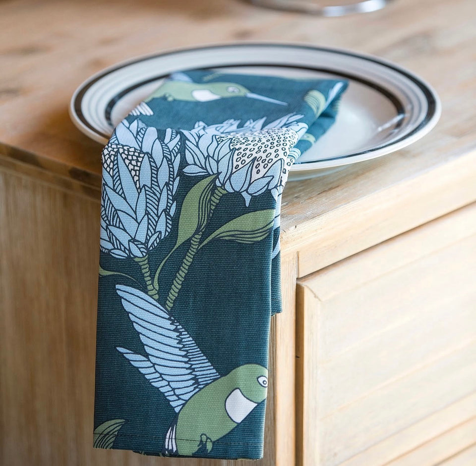 Alove Supreme Protea Tea Towel – Blue on Gun Metal