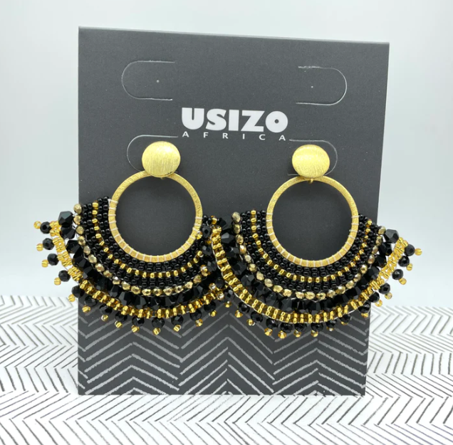 African Goddess Black Beaded Earrings with Gold Fittings