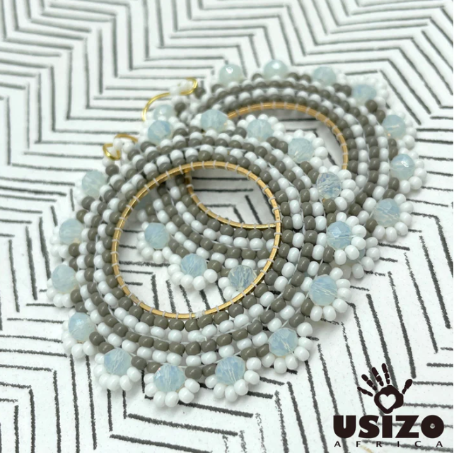 iZimbali White Zulu Beaded Earrings with Gold Fittings