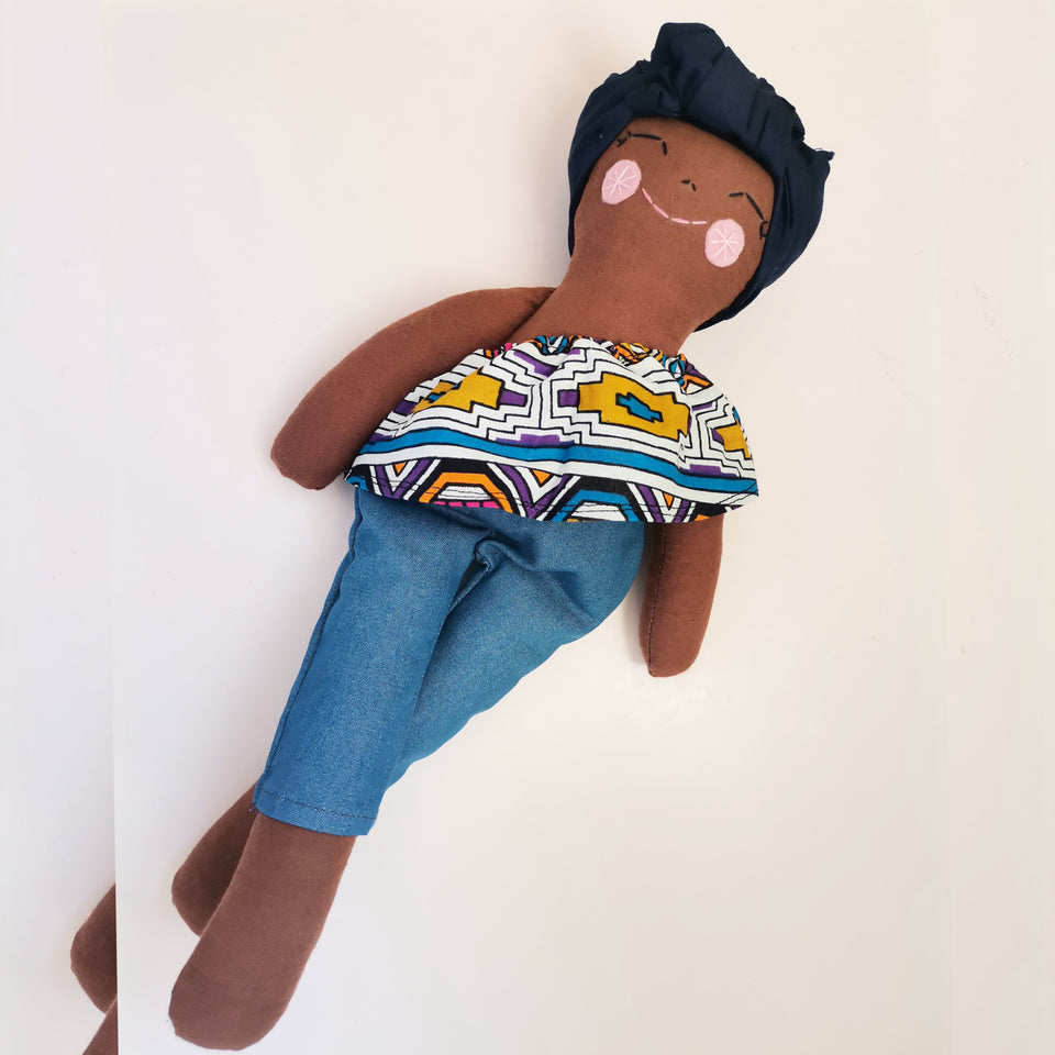 Imibongo kaMakhulu Handmade Fabric Zandi Doll in Ankara Frill Top & Jeans