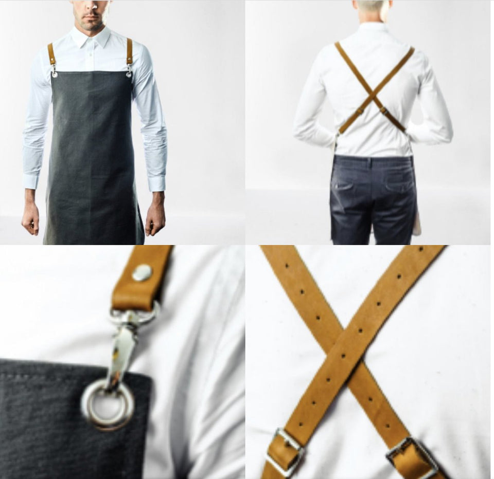 Cotton Bull Denim Apron with Adjustable Leather Straps and Pocket