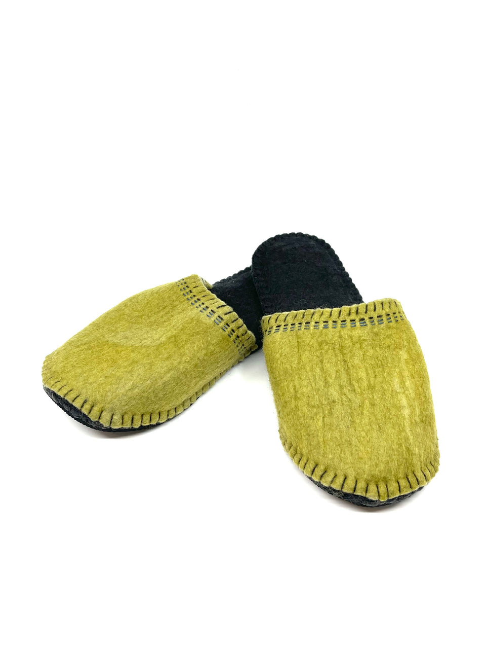 Wool Felted Olive Sashiko Slippers