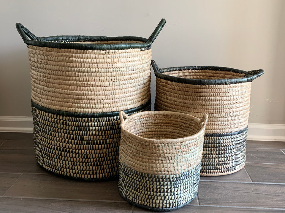 Handwoven Palm Leaf Black and Natural Baskets