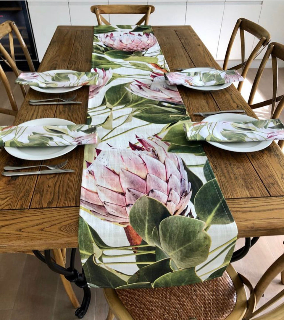 Anna's Leafy Protea Linen Table Runner