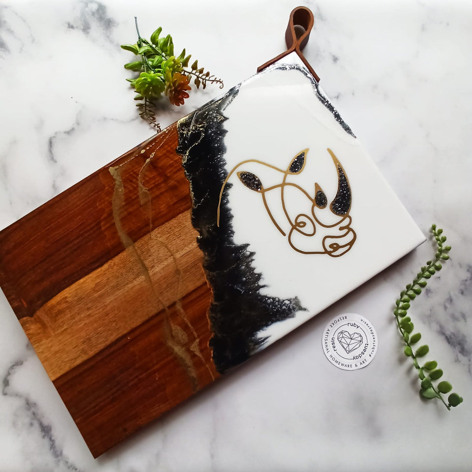 Ruby Tuesday Resin Large Kiaat Wood Rhino Serving Board with Leather Strap