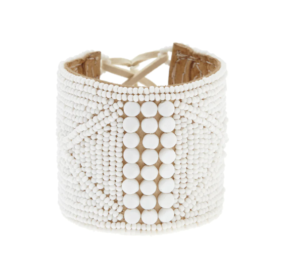 Leather Beaded Bracelet Cuff - White