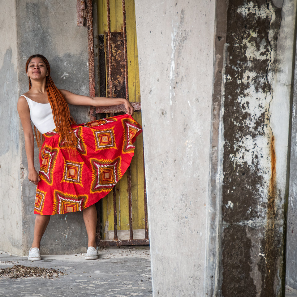 Traditional African Red Ankara Wax Print High Waisted Skirt