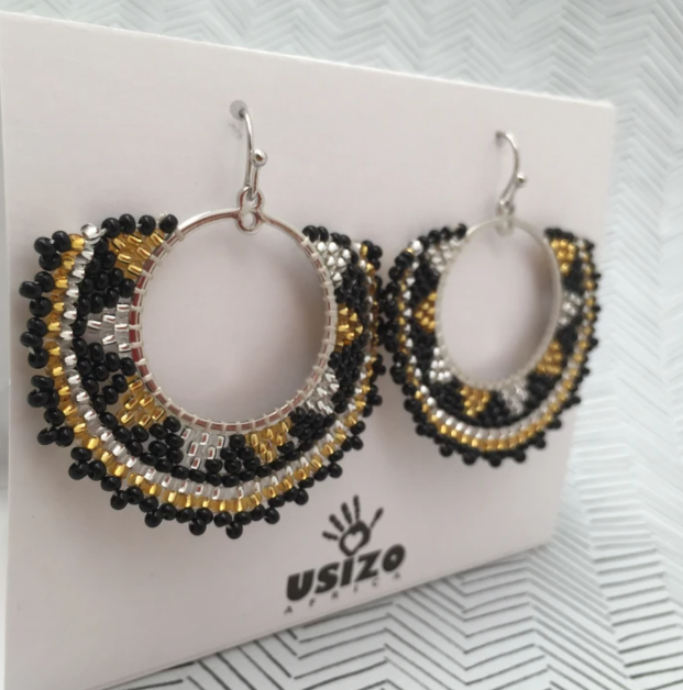 Designer Zulu Black & Gold Beaded Half Round Earrings with Gold Fittings
