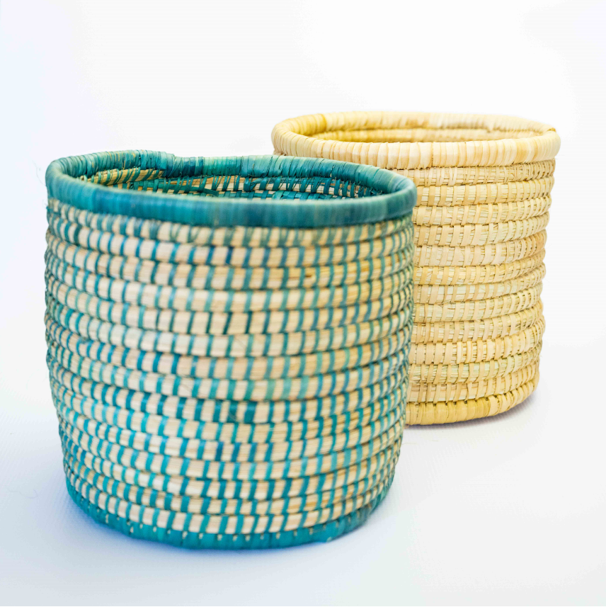 Handwoven Rattan Teal & Natural Baskets