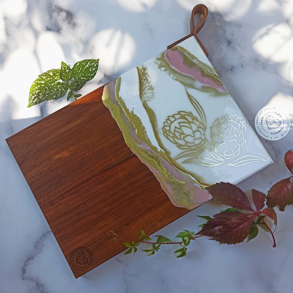 Ruby Tuesday Resin Large Kiaat Wood Protea Serving Board with Leather Strap
