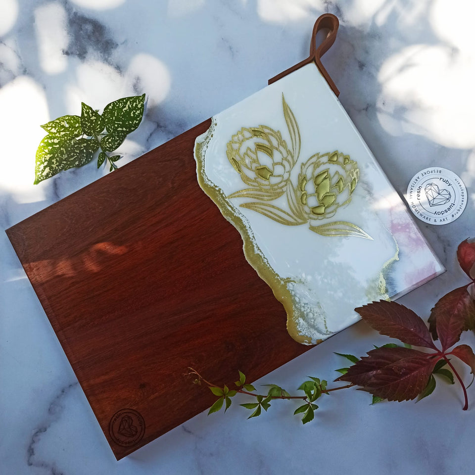 Ruby Tuesday Resin Large Kiaat Wood Protea Serving Board with Leather Strap