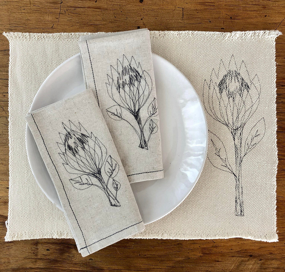 Embroidered Hemp Protea Napkins (set of 4)