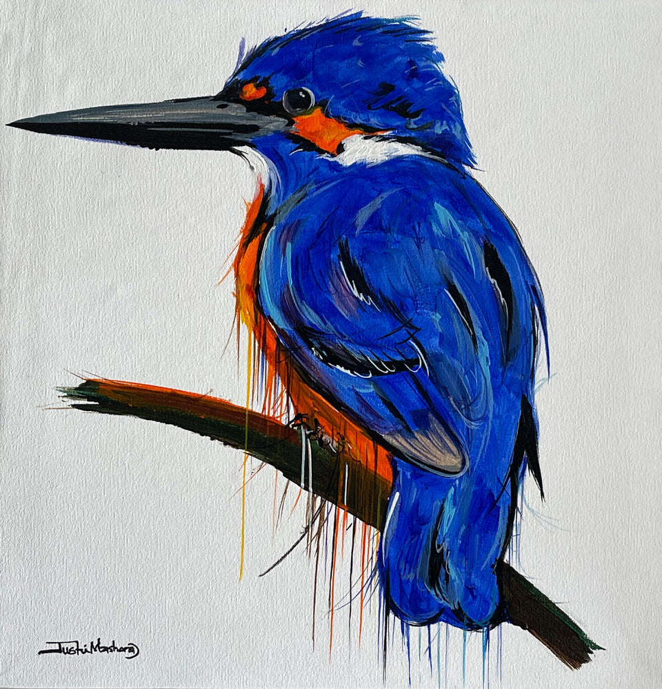 Large Colorful African Kingfisher Framed Oil on Canvas Painting