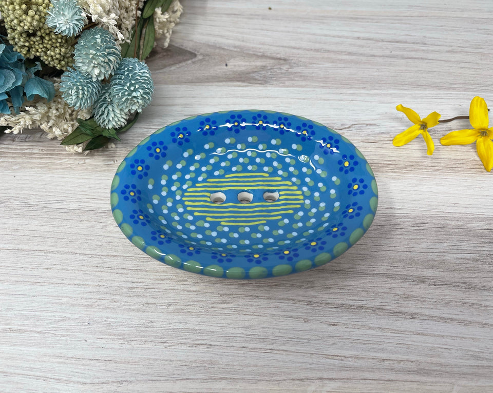Potters Soap Dish Blue & Yellow