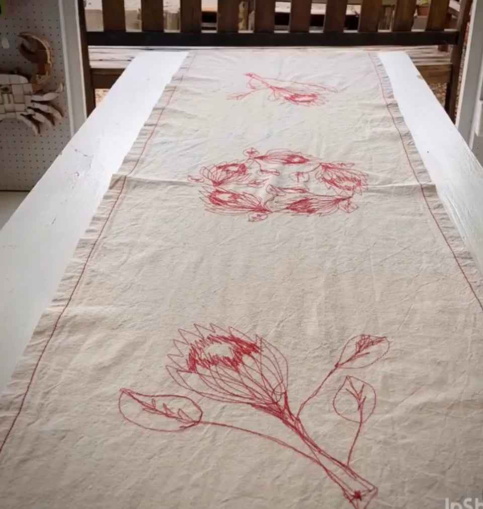 Embroidered Hemp Protea Table Runner