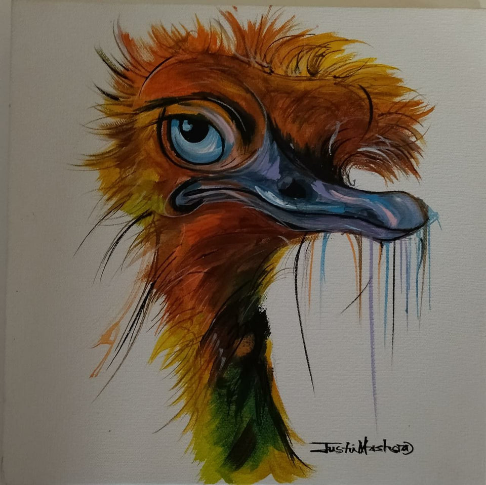 Colorful African Ostrich Framed Oil on Canvas Painting