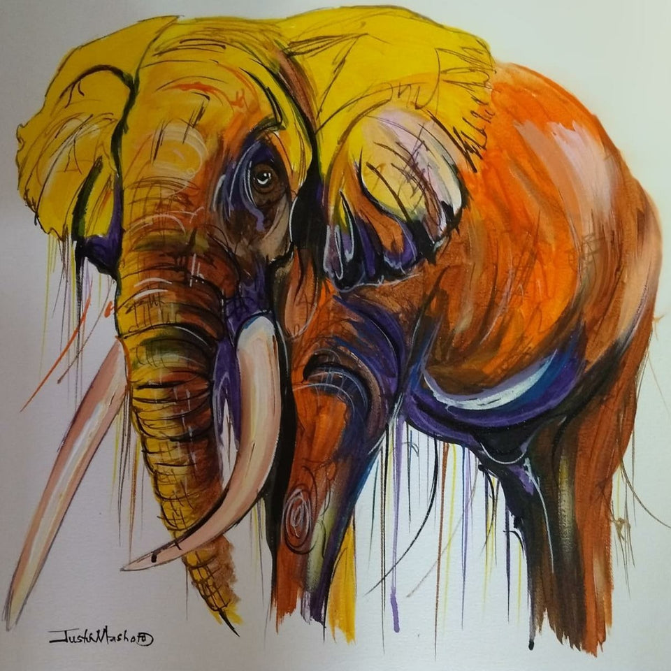 Large African Elephant Framed Oil on Canvas Painting