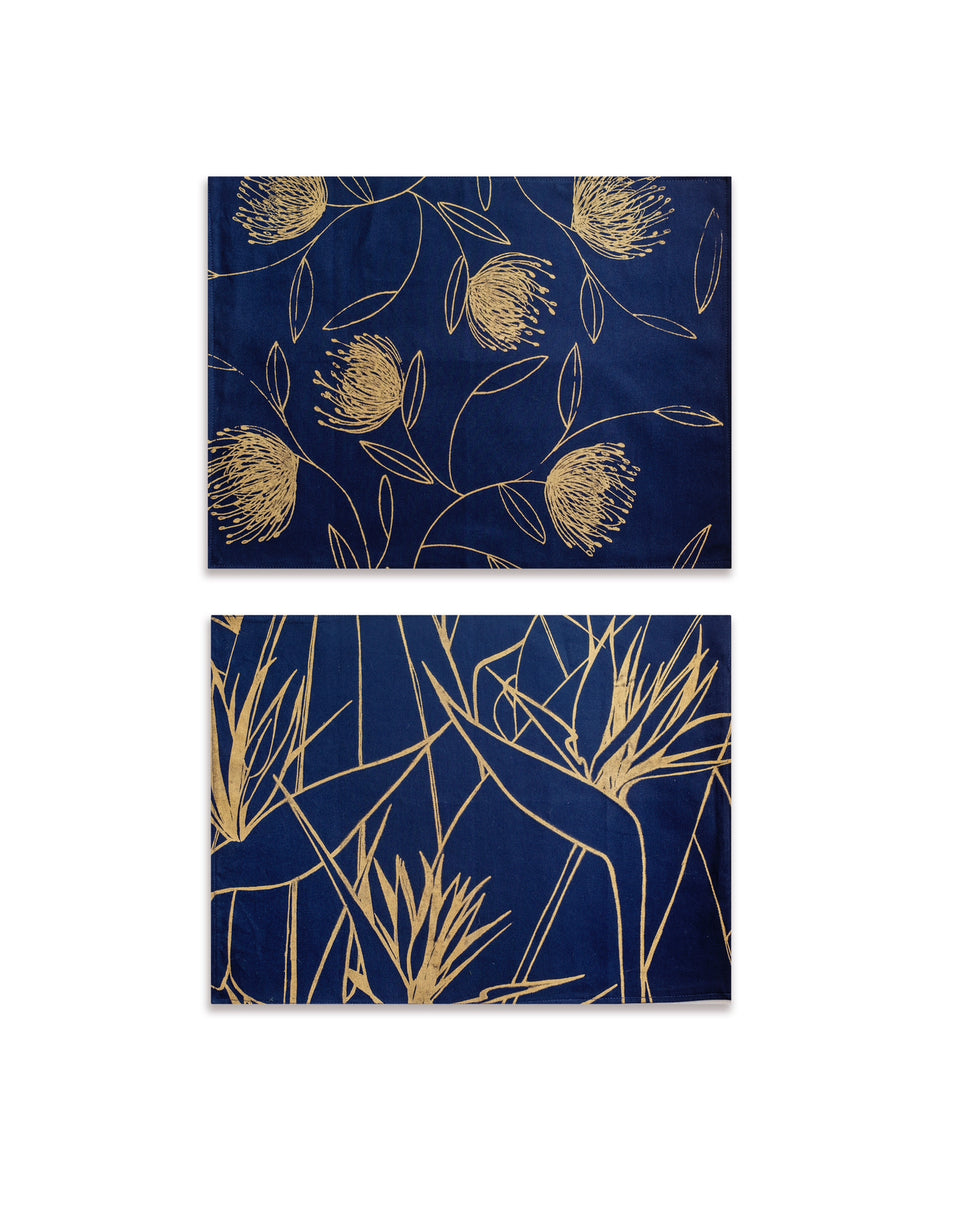 Navy and Gold Strelitzia and Pincushion Wheel Reversible Placemats (2 pk)