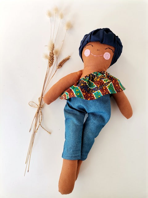 Imibongo kaMakhulu Handmade Fabric Zandi Doll in Ankara Frill Top & Jeans