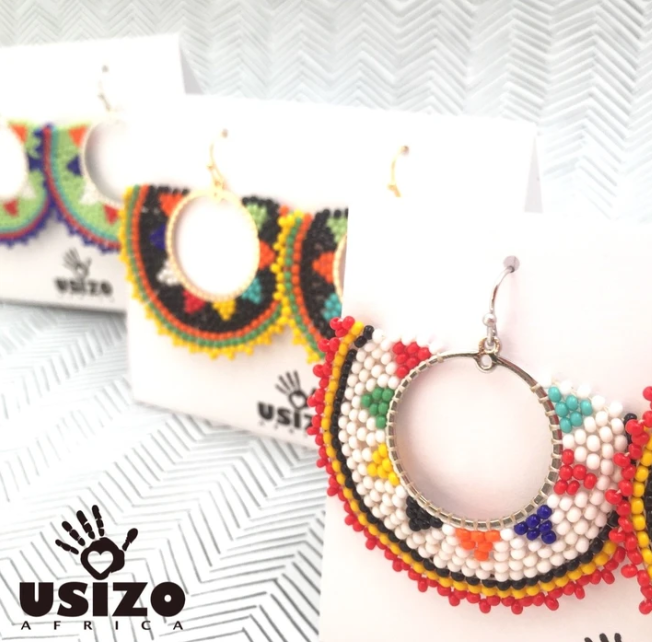 Designer Zulu Bright Beaded Half Round Earrings with Gold Fittings